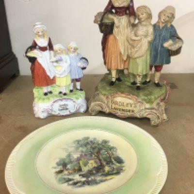 Yardleys Lavender advertising figures, smaller modern figure group and a Clarice Cliff plate with painted country scene. This lot cannot be posted