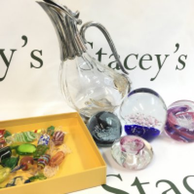 A silver plated duck shaped decanter, Caithness paperweights and Murano glass sweets. This lot cannot be posted