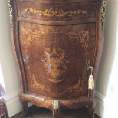 A French Louis XV style corner cabinet with a marble top above a drawer and shaped cupboards. Sold in situ. delivery by appointment.