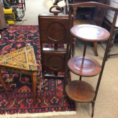 WITHDRAWN - Two Mahogany cake stands one with adjustable central pull square tiers the other round folding and an Italian rectangle shaped musical table (3) NO RESERVE