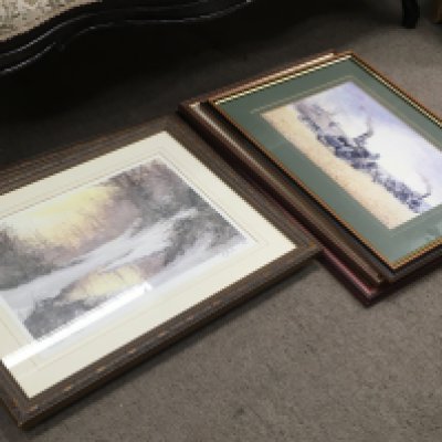 A Collection of framed watercolours and prints depicting rural and nature scenes including some by Bradley. J. Bigden, Winding river by Jan Dingle. This lot cannot be posted