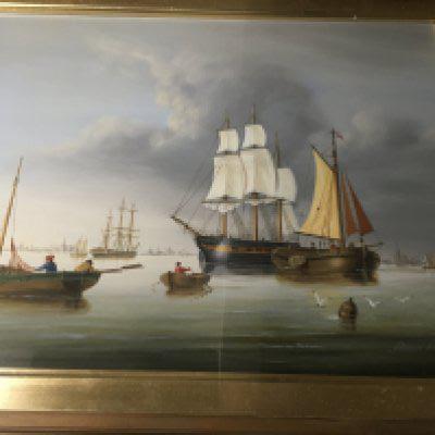 Two Gilt framed Oils sea scapes one signed David Beatty . 38 x 28 cm .