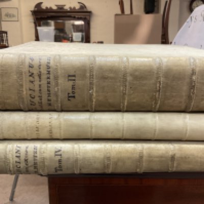 WITHDRAWN - Three Vellum bound early 18th century Latin books including Lucian of Samosata volumes including Index verborum ac phrasium Luciani sive Lexicon lucianeum ad editiones omnes maxime novissimam Westenianam concinnatum a Car. Conr. Reitzio, Luciani Samosatensis opera cum nova versione Tiber. Hemsterhusii & IO. Matthiae Gesneri 1743 and Phaedri, Augusti Liberti,Fablarum Aesopiarum Libri Quinque. Cum novo commentario Petri Burmanni. Leidae, Apud Samuelem Luchtmans, 1727. Postage category C