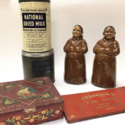 An unusual Franklyns Fine Shagg Novel patience game, tins and two ceramic monk decanters