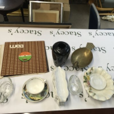 A Collection of assorted items including a Royal Worcester vintage car plate and cup, brass duck bowl, West German vase, collector of Vinyl records including Sister sledge, Tom Scott, Ray Martin, large silver plate tray. NO RESERVE