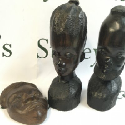 Vintage hardwood carved African Tribal heads and a wall mask. Postage cat B
