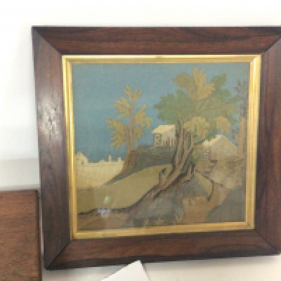 A rosewood framed Victorian embroidered picture and a rosewood box (2). NO RESERVE