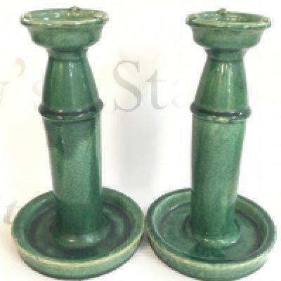 A pair of Chinese green glazed oil lamps, 24cm tall. This lot cannot be posted. NO RESERVE