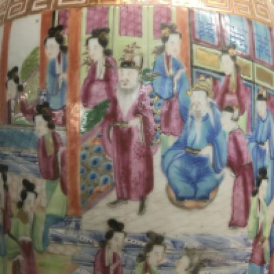 A large canton vase decorated with figures birds butterflies and flowers 62 cm . Hairline crack.