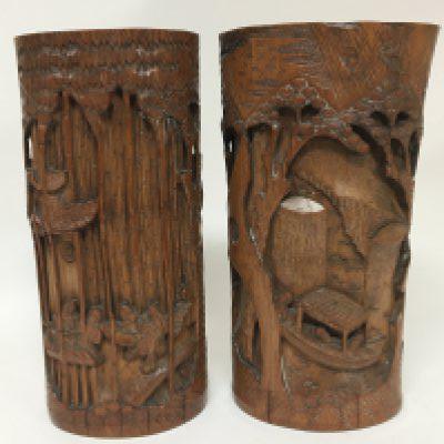 Two Chinese carved bamboo vases with figures and three dimensional carved bamboo Height 25cm