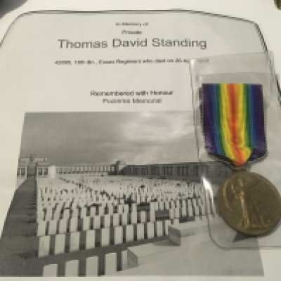 A Single I World war medal awarded to Thomas David Standing 42895 10th Battalion Essex Regiment killed in action on the 28th April 1918. With documentation from the Commonwealth War Graves Commission.