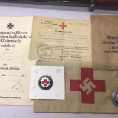 German Third Reich II world war Red Cross badges and armband with ID paperwork.