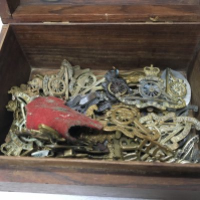 A box containing a quantity of British Royal Artillery badges and others.