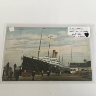 Collection of White Star Line postcards consisting of a used postcard from the RMS Doric posted 25/09/1933, used colour postcard from the RMS Olympic dated 1928, unused colour postcard from the SS Haverford from the white star line, early unused colour postcard from the white star line vessel the SS Medic, unused rare colour postcard from the white star line vessel the Cedric and abstract of log card from the white star line vessel the SS Regina
