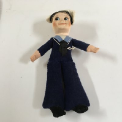 Collection of P&O line items consisting of an as used in service butter dish from the Orsova from the P&O line, as new sailor doll souvenir from the P&O line vessel the SS Chusan, as used in service dining side plate from the original P&O vessel the Oriana circa 1960s, as used in service large milk/cream jug from the P&O shipping company, as used in service 2 part vegetable serving dish from the P&O line and as used on board type ashtray from the P&O line