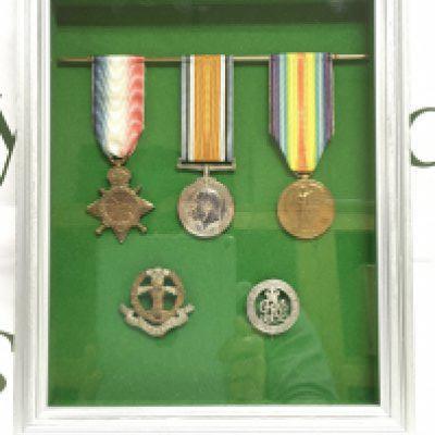 A framed collection of medals awarded to Robert Storey, Middlesex regiment. Shipping category D.