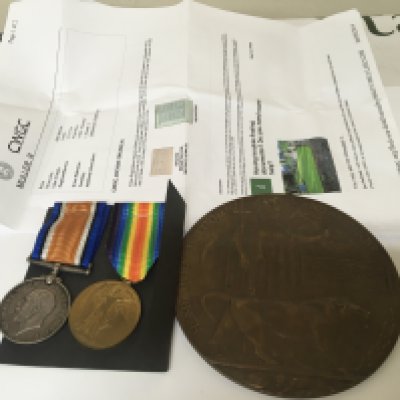 Two I world war medals awarded to Reginald Gervase With Memorial plaque killed 12/12/1914 214860 A B RN. HMS Nemesis with retrospective paperwork