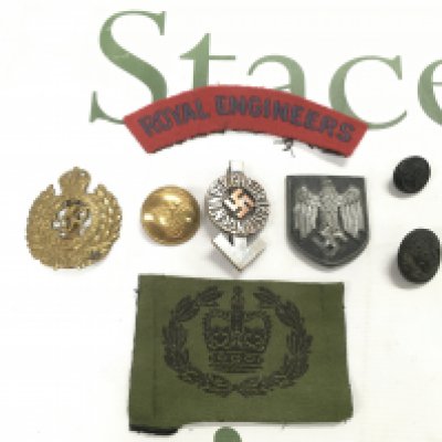 A Hitler youth badge, a button and a badge plus some Royal Engineers badges. Shipping category A.
