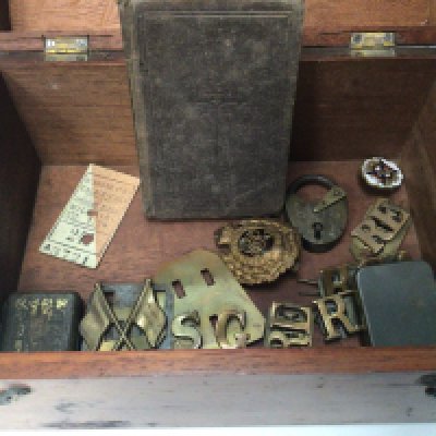A box containing British military badges.