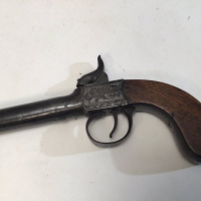 A 19th century slab sided Percussion pistol engraved action maker Strowse Brompton