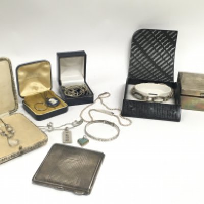 A collection of silver items including a box, necklaces, bracelet etc. postage category B