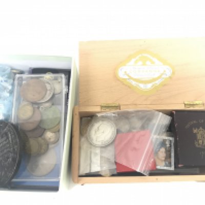 A Collection of British and world coins including florins, Pennies, shillings. Postage category B