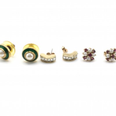 A pair of 9carat gold earrings set with pearl and garnet stones and two other pairs of gold plated dress earrings. NO RESERVE