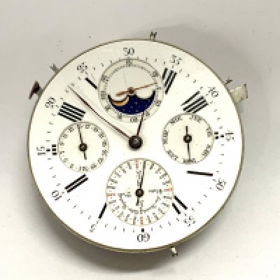 A Pocket watch movement with enamel dial, perpetual calendar, moon phases and minute repeater, unmarked Patek Philipe model. (A) not in working condition.