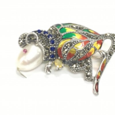 Silver plique a jour mouse combined brooch and pendant set with ruby blue white gems and marcasite. Approximately 45mm Postage A