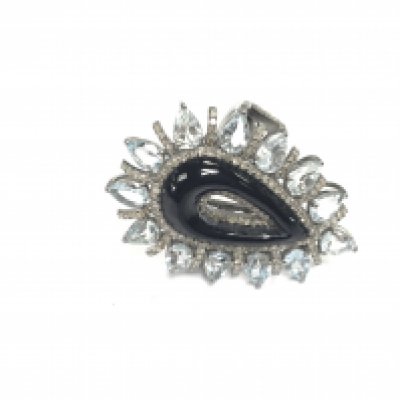 Large pear shaped silver dress ring set with pear shaped onyx pear shaped aquamarine and diamonds. Onyx 4ct aquamarine 4.93ct and diamonds 0.95ct approximately. Postage B