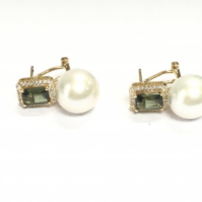 Pair of 18ct gold earnings set with tourmaline's diamonds and large pearls. Postage A