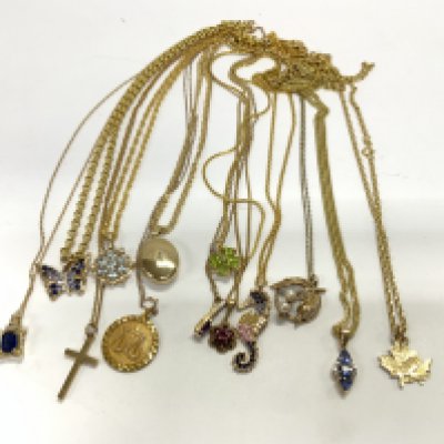 13 9ct gold and stone set pendants and chains. Total weight. 60g (A)