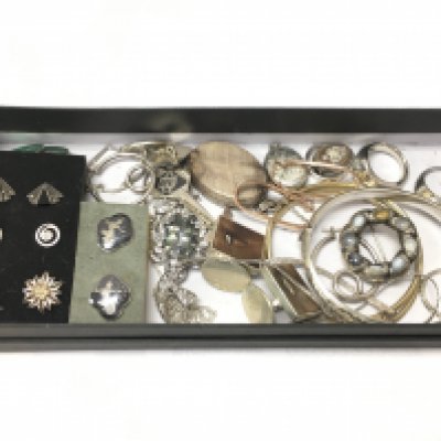 A box of silver and some white metal including earrings, pendants, bracelet, rings, cufflinks etc. postage category B