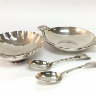 Silver Hallmarked items including a Mappin & Webb dish, a bonbon dish and a pair of spoons. Postage category B