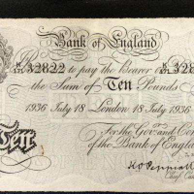 Operation Bernhard - Nazi forgery 1942-44, Peppiatt, &pound;10, 18th July 1936, K171 32822, discolour, NEF, crescent shape missing from top right corner. (A)