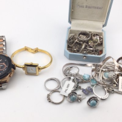 A collection of silver jewellery items and two watches a Gucci ladies and a gents Boss. Postage B