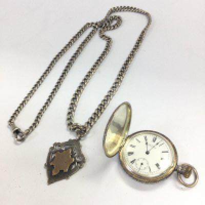 A silver hallmarked cased A.W.W Co Waltham Ladies fob watch ( seen working ) and a silver hallmarked Albert chain. Postage category A