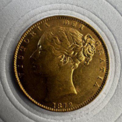 1872 Queen Victoria young head full sovereign, die number 6 . (A)