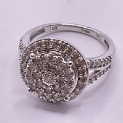 Large 9ct white gold diamond cluster ring with diamond set shoulders. RBC diamonds 1.00ct. Ring size approx N/O Postage category A.