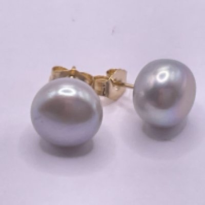 Pair of 9ct yellow gold studs set with oblate spheroid grey cultured pearls. Postage category A.