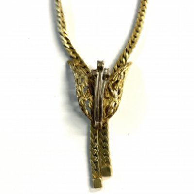 A modern design 14ct yellow gold hallmarked necklace the drop in the form of a flower with set with 3 small diamonds. 22.4g.