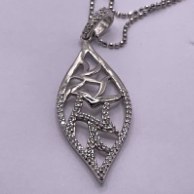 Silver necklace comprising an open work leaf shaped pendant set with cubic zirconia, with a silver chain. Postage category A.