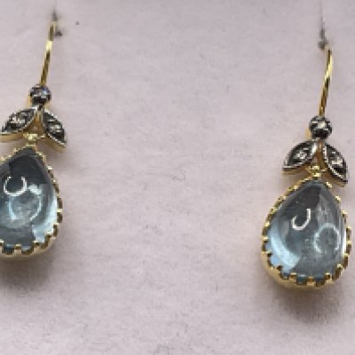 Pair of 9ct yellow gold and silver drop earrings set with a pair shaped cabochon topaz and rose cut diamond set bales, boxed. Topaz 2.80ct. Diamonds 0.06ct. Postage category A.