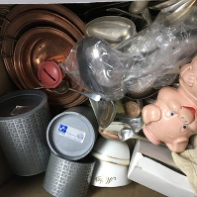 A box containing a large quantity of commemorative crowns other used circulated British coinage loose silver plated cutlery brass and copper ware and other oddments.