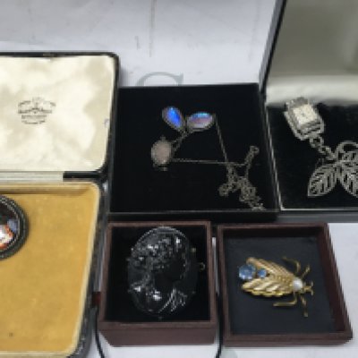 A Collection of costume jewellery comprising four brooch including enamel , and watch pendan together with a silver necklace.