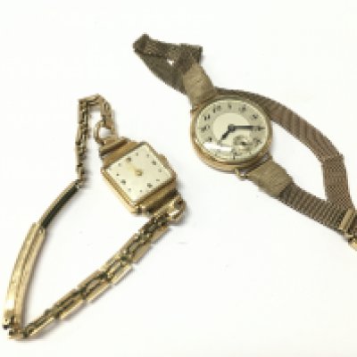 An 18ct gold cased watch with a 12ct rolled gold strap and a 9ct gold cased watch with a 9ct gold strap. Total weight 31.8g Postage category A