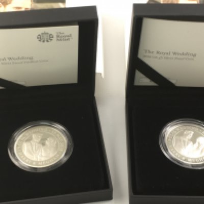 Harry and Megan royal wedding silver proof coin and a silver proof piedfort coin, 2  Prince Philip silver proof coin. Postage B