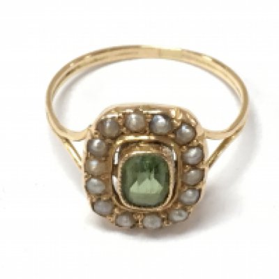 A peridot and seed pearl ring, size N, total weight 2.2g postage category a
