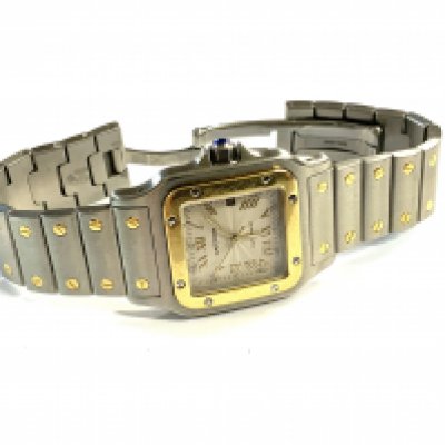 Cartier: A Steel and Gold Automatic Calendar, Centre Seconds Wristwatch, model: Santos Galbee, ref: 2319, serial 300764CD. (Original box, Additonal links, 2014 Cartier Service report.