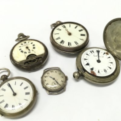 A mixed collection of Pocket watches for restoration including an early Pedometer, an 8 Day Hebdonas and a hallmarked fusee pocket watch